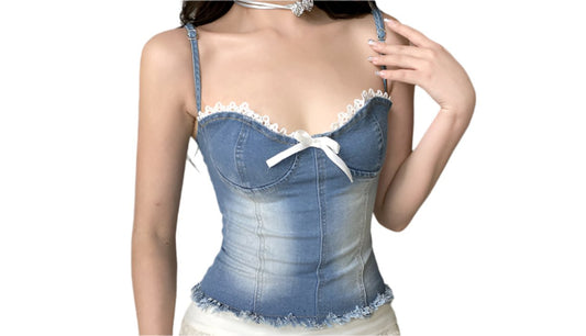 Street Washed Bow Lace Denim Top