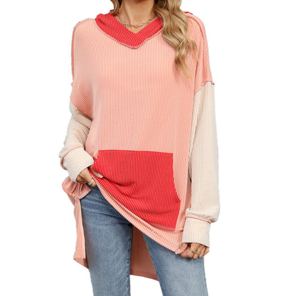 Contrast Color Pocket Long Sleeve Loose Hooded Sweater