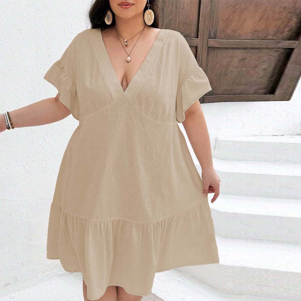 Plus Size Casual V-Neck High Waist Rucked A-Line Mid Length Dress