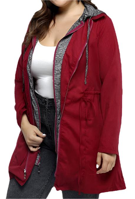 Mid-Length Cotton-Padded Zipper Faux Two-Piece Hooded Plus Size Coat