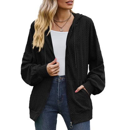 Solid Color Pocket Long-Sleeve Loose Hooded Sweatshirt