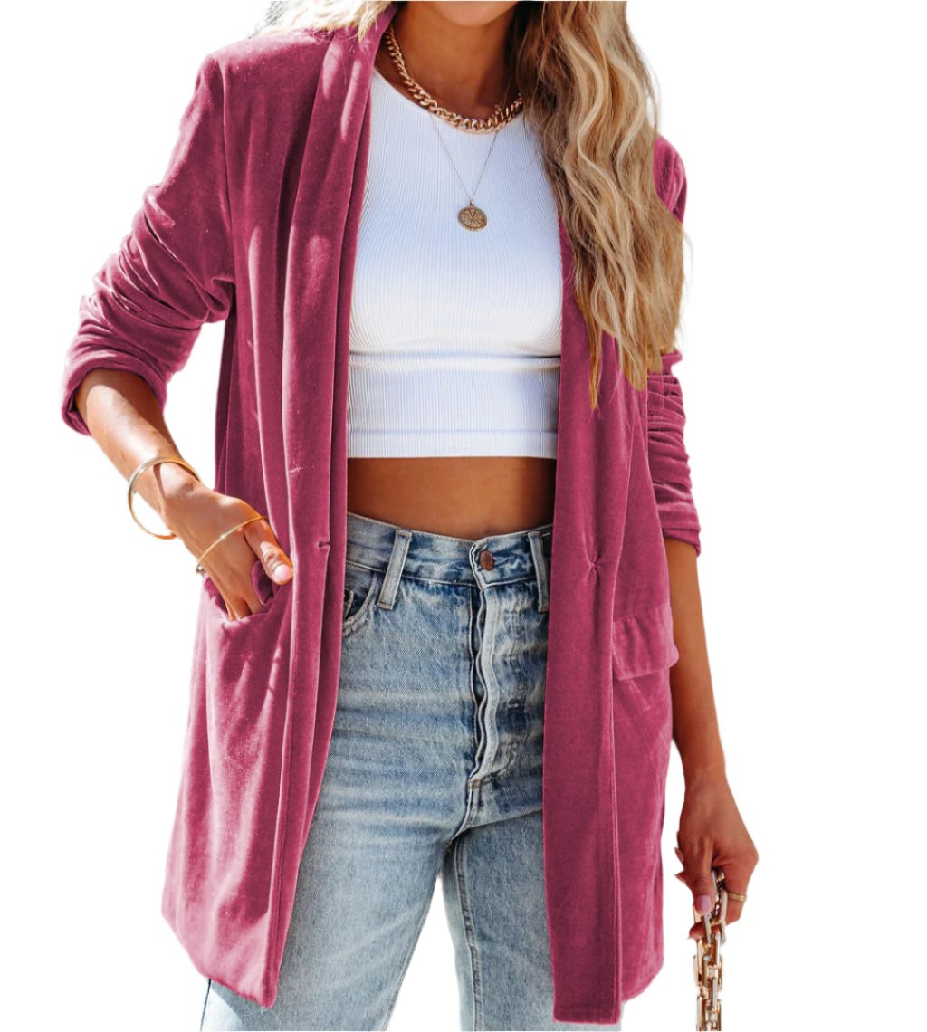 Velvet Stretch Pocket Long Sleeve Cardigan