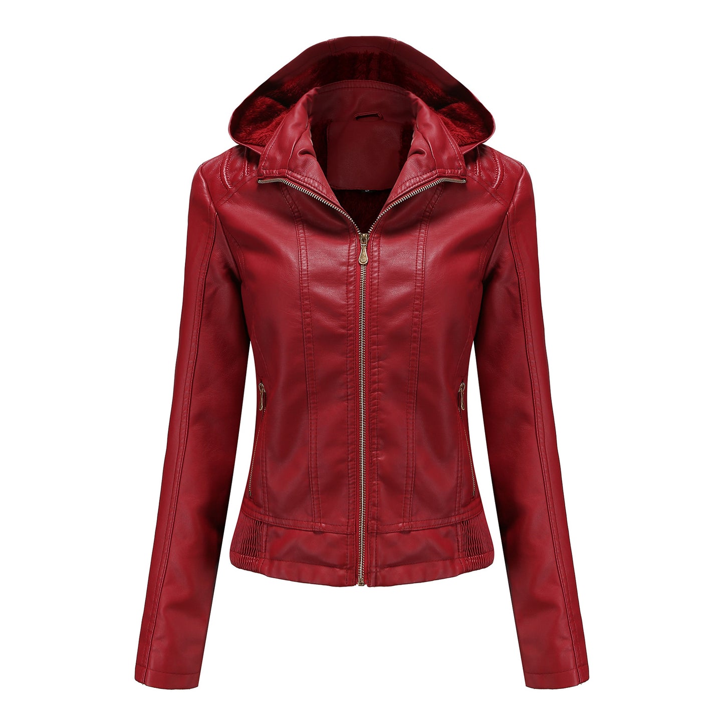 Hooded Leather Detachable Hat Long Sleeve Zipper Fleece-Lined Leather Jacket