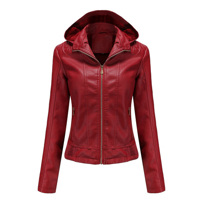 Hooded Leather Detachable Hat Long Sleeve Zipper Fleece-Lined Leather Jacket