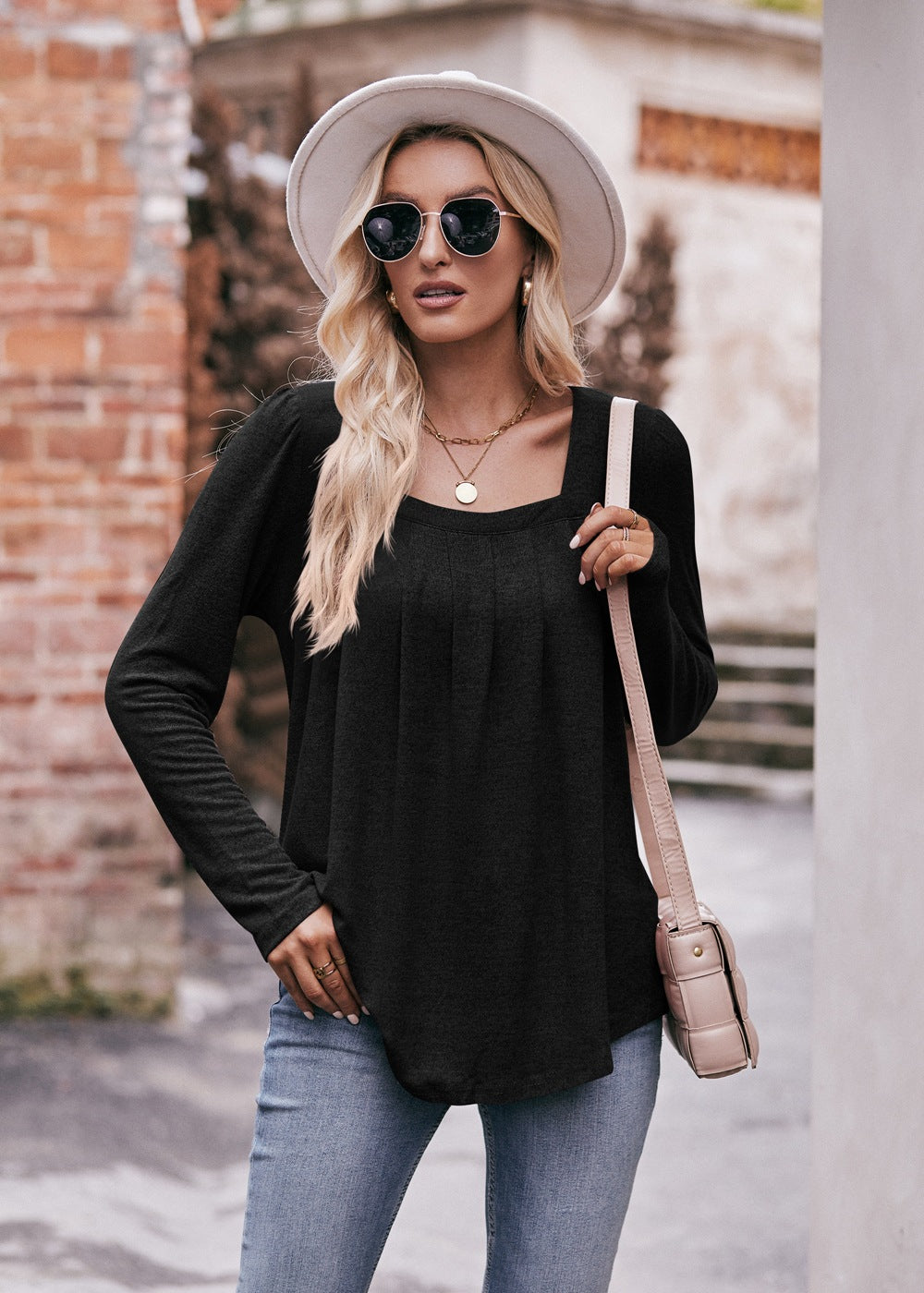 Casual Square Collar Pleated Long Sleeve Top