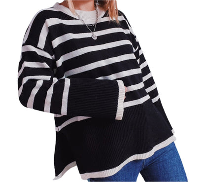 Loose Knitted Striped Side Slits Sweater