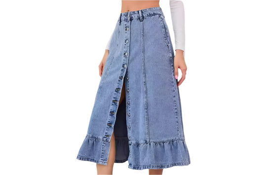 High Waist Fishtail Ruffled Long Denim Skirt