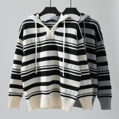 Striped Pullover Hooded Drawstring Knitted Sweater