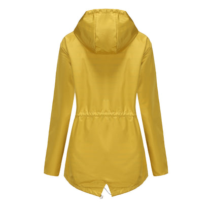 Long Sleeved Waterproof Hooded Mid Length Trench Raincoat