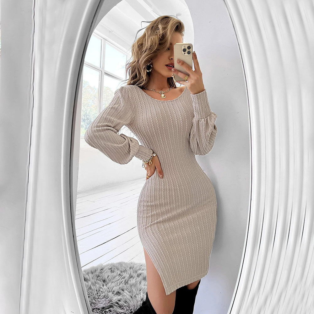 Sexy Backless Stitching Lace Sheath Long Sleeve Dress