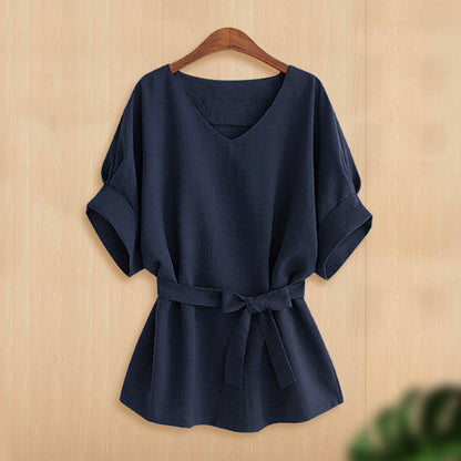 Plus Size Waist Drawstring Loose Batwing Sleeve Top