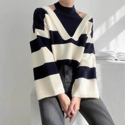 Chic Retro Halter Off Shoulder Striped Long Sleeve Knitted Sweater