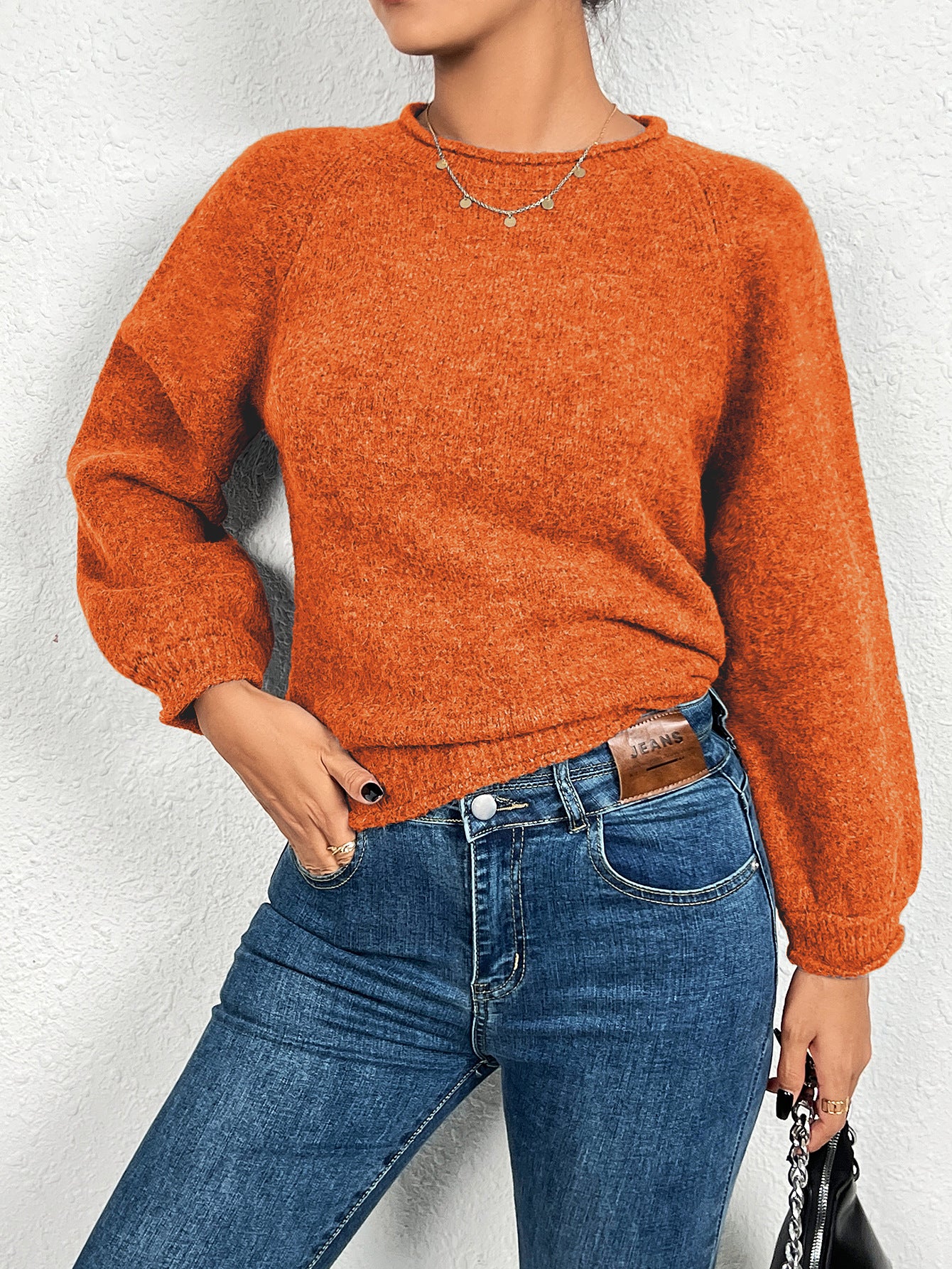 Pullover Round Neck Threaded Long Sleeve Sweater