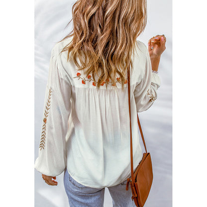 Floral Embroidered Tassel V-Neck Tassel Chiffon Shirt