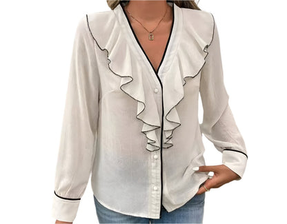 Elegant Semi Transparent Lotus Leaf Collar Long Sleeve Shirt