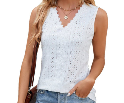 V-neck Lace Stitching Loose Fitting Sleeveless Tank Top