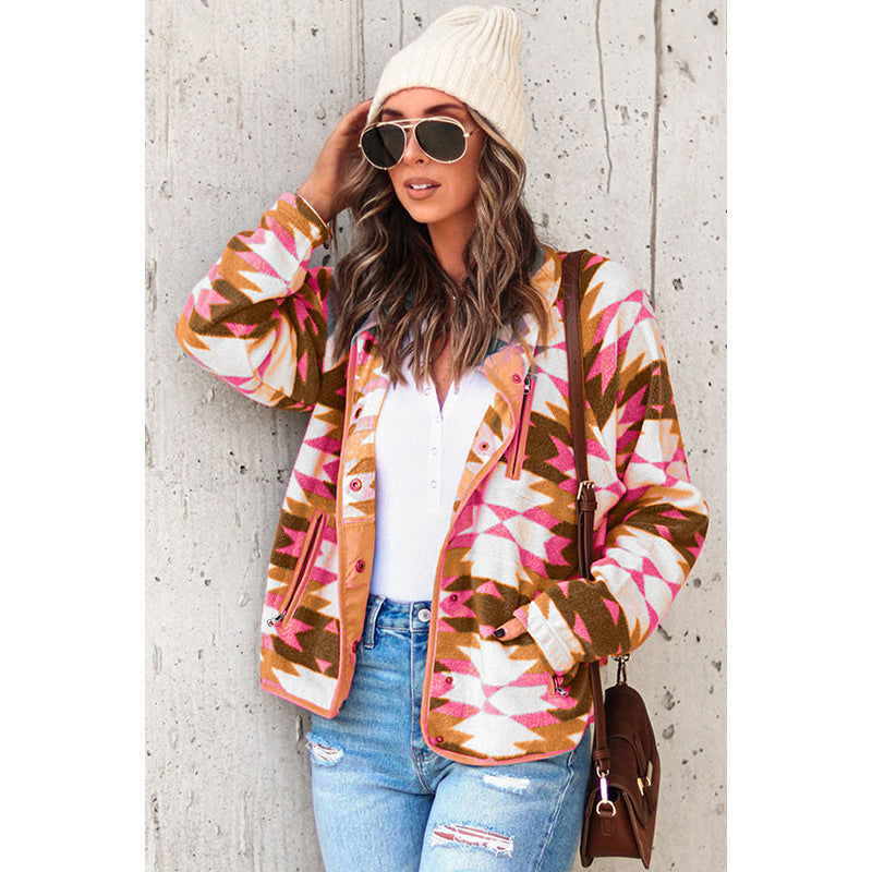 Geometric Abstract Fleece Printed Long Sleeve Jacket