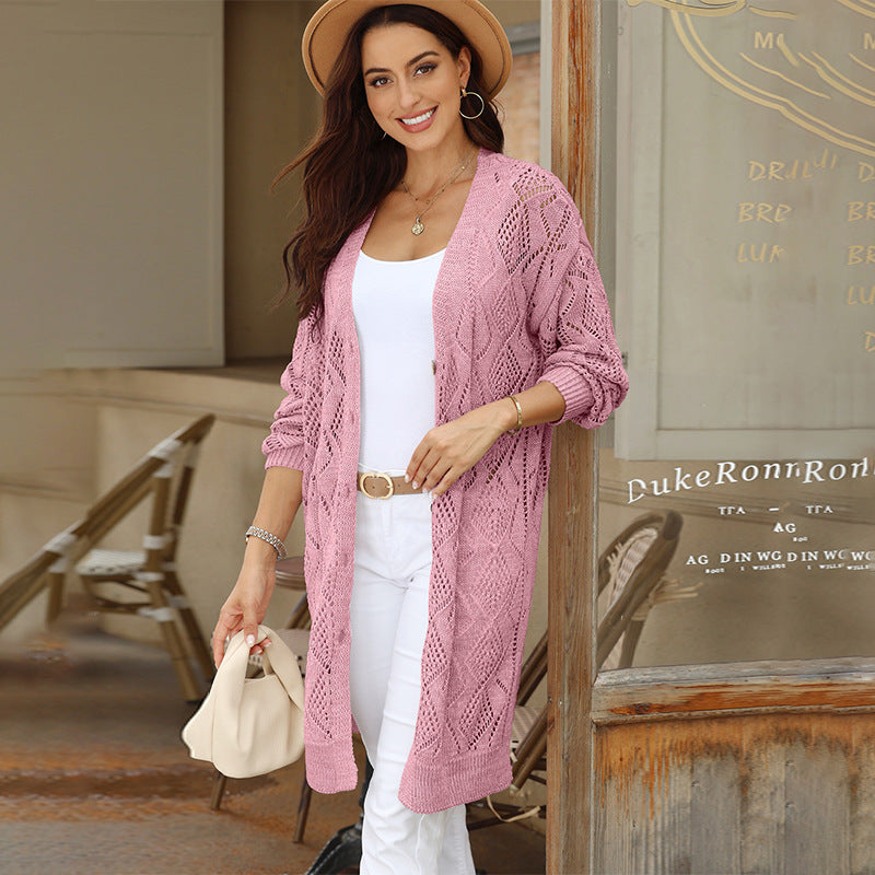 Long Sleeved Button Hollow Cutout Long Cardigan