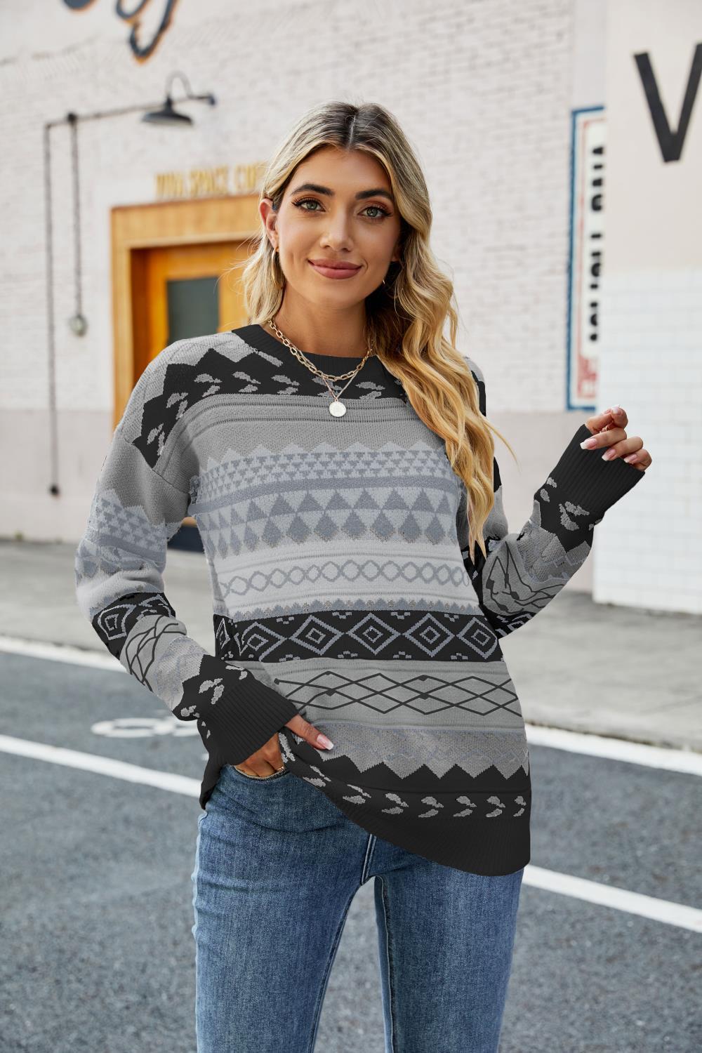 Retro Pattern Rhombus Jacquard Multi Color Knitwear Pullover Sweater