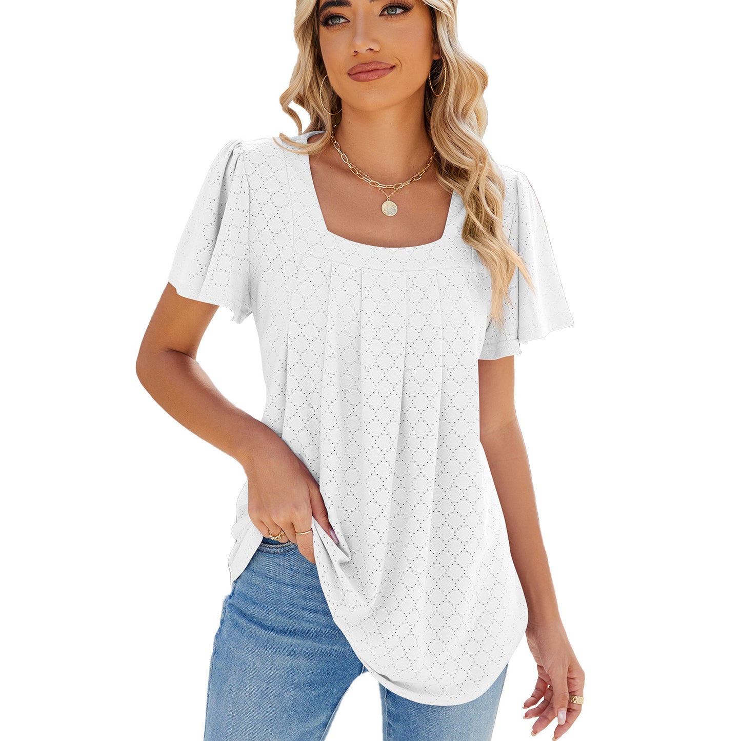 Square Collar Pleated Short Sleeve Loose Fitting Top