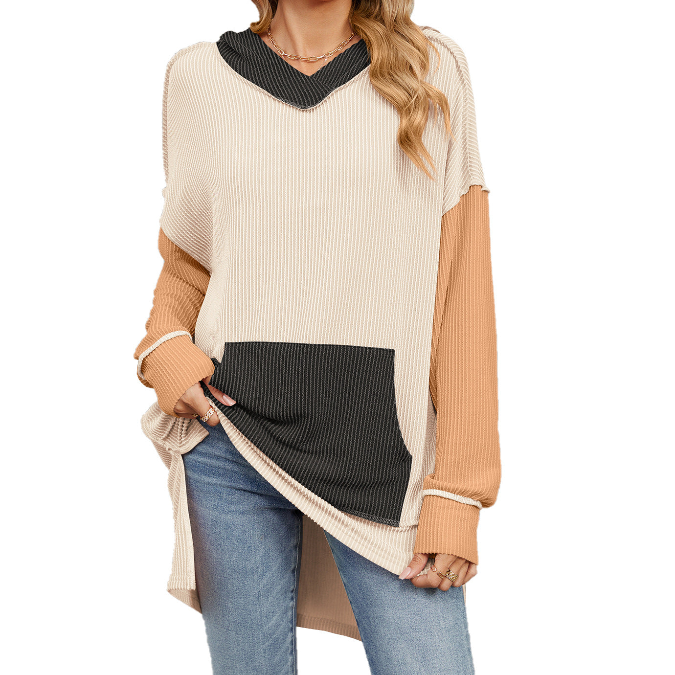 Contrast Color Pocket Long Sleeve Loose Hooded Sweater