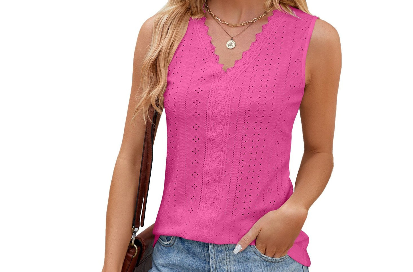 V-neck Lace Stitching Loose Fitting Sleeveless Tank Top