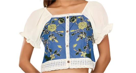 French Faux Denim Embroidery Floral Square Collar Chiffon Stitching Crop Top