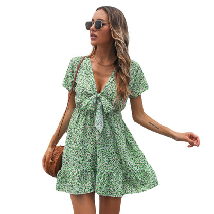 Floral Ruffled Front Knotted Deep V-Neck Short Sleeve Chiffon Dress