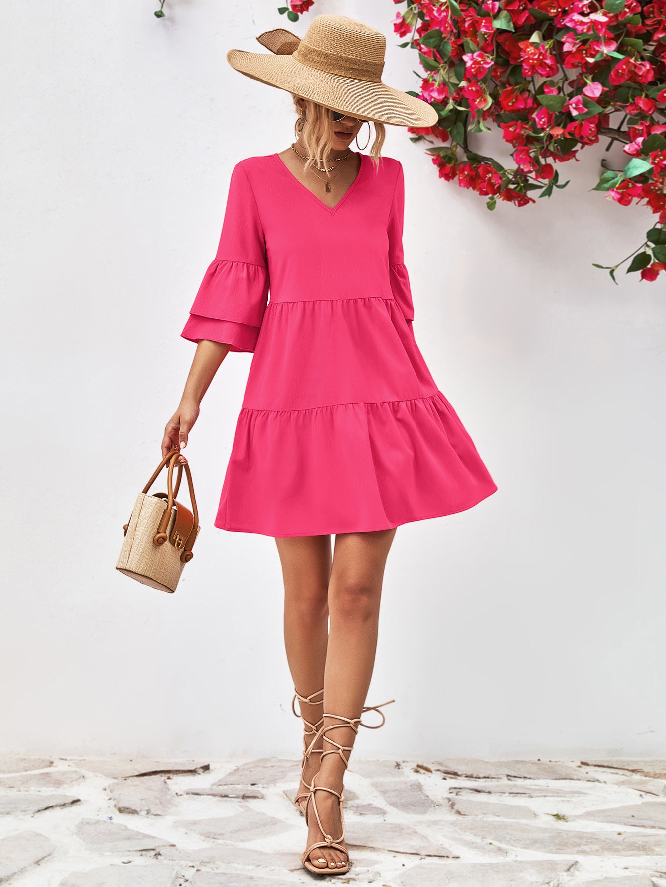 Popular Double Layer Bell Sleeve V-neck Dress