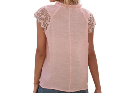 Hollow Cutout Lace Stitching Tied V-neck Top