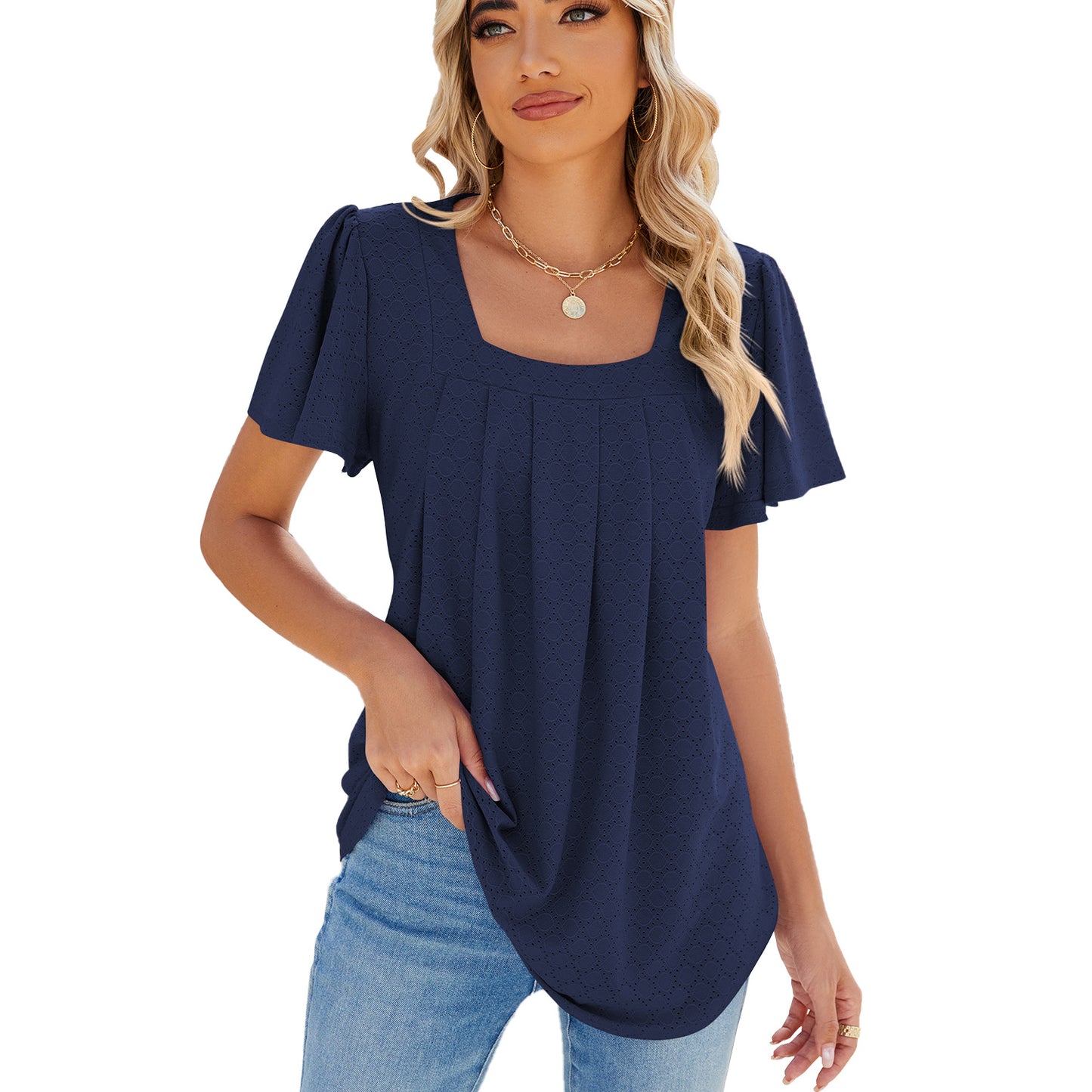 Square Collar Pleated Short Sleeve Loose Fitting Top