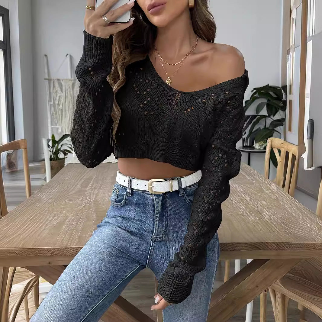 Polo Collar Hollow Cutout Cropped Pullover Sweater