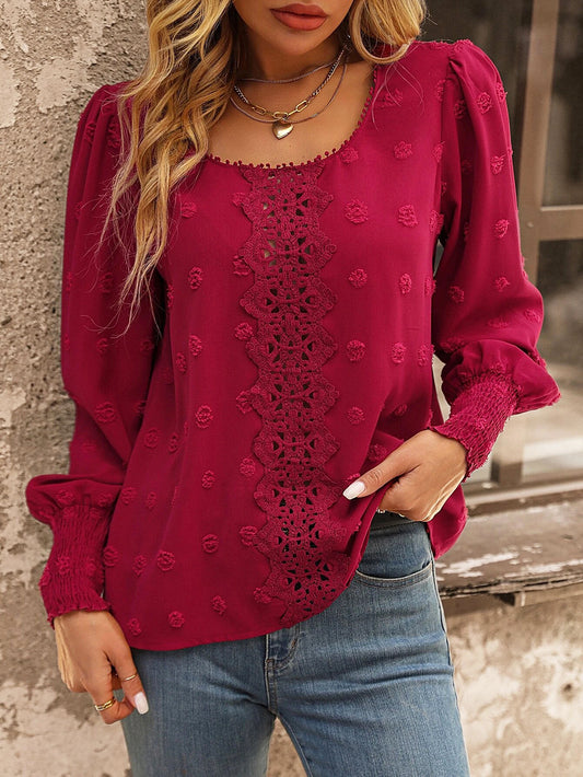 Puff Sleeve Polka Dot Stitching Lace Smocking Blouse