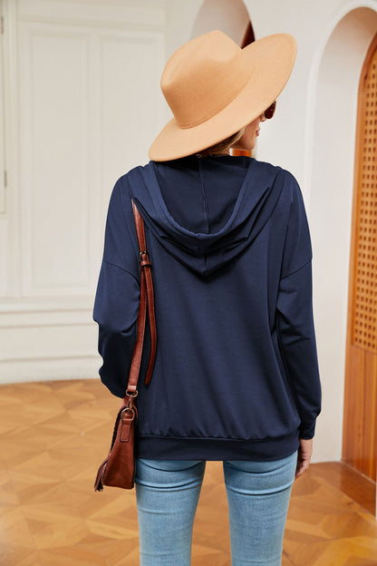 Solid Color Buttons Drawstring Pocket Loose Long-Sleeve Sweatershirt