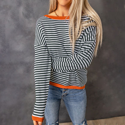 Contrast Color Trim Striped Off Shoulder Sweater