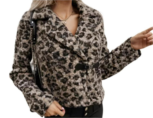 Zebra Print Woolen Collared Long Sleeve Coat