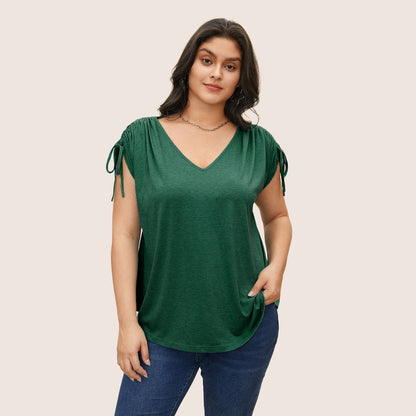 Plus Size Drawstring V-neck Solid Color Casual Loose Short Sleeves Top