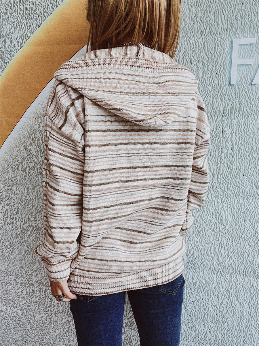 Hoodie Loose Striped Pullover Horn Button Sweater