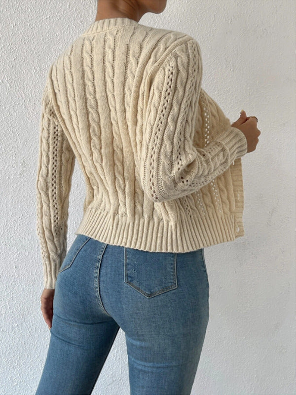 Round Neck Idle Twist Long Sleeve Sweater Cardigan