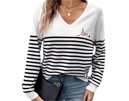 Casual Love Stripes V-neck Sweater