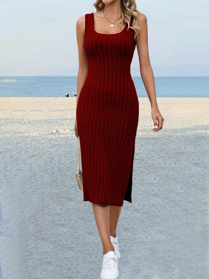 Sexy Sunken Stripe Design Side Slit Slim Dress