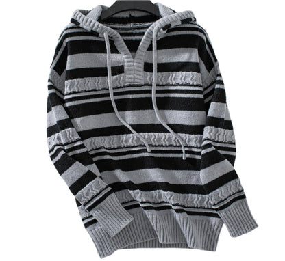 Striped Pullover Hooded Drawstring Knitted Sweater