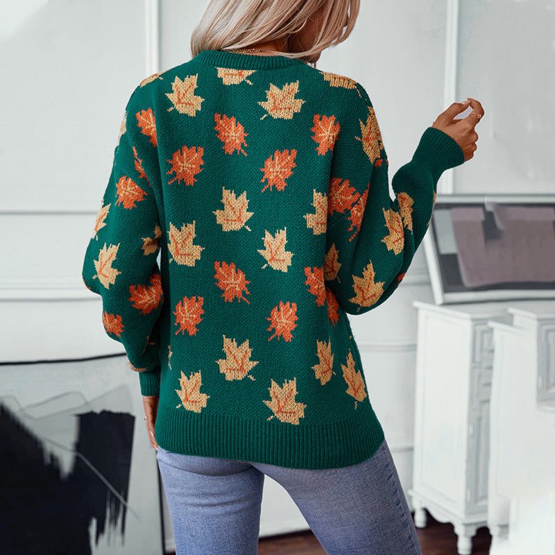 Autumn Maple Leaf Pattern Jacquard Casual Pullover Sweater