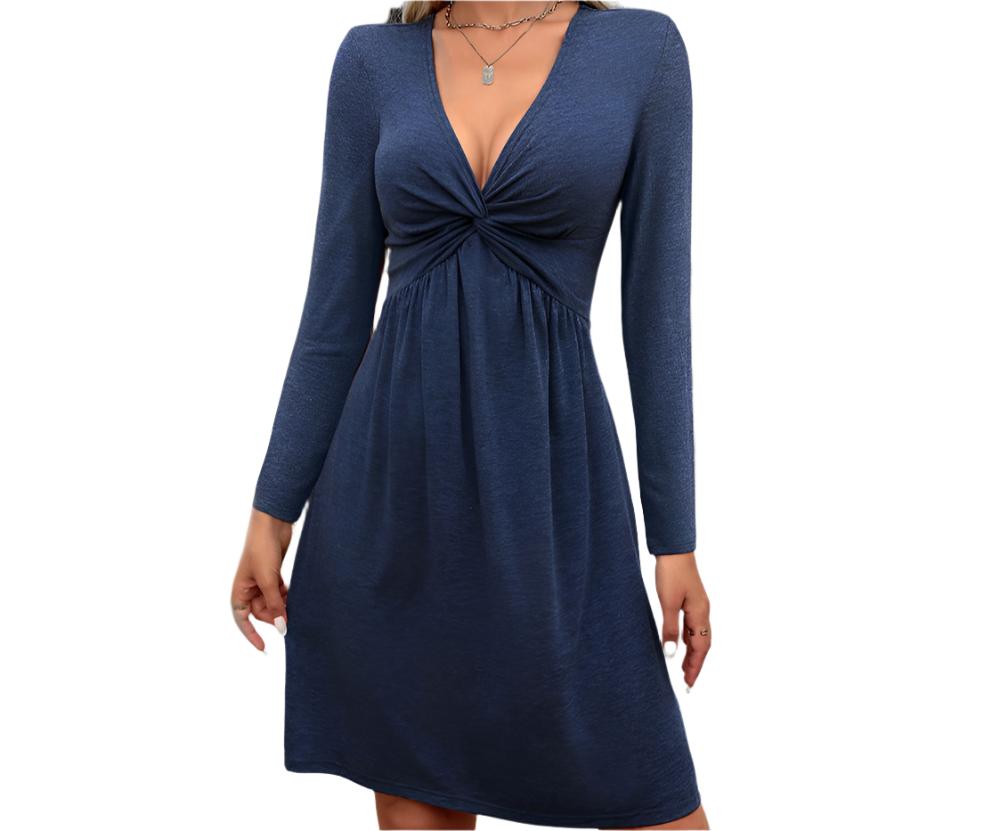 Sexy V-neck Twisted Waist A-Line Long Sleeve Dress