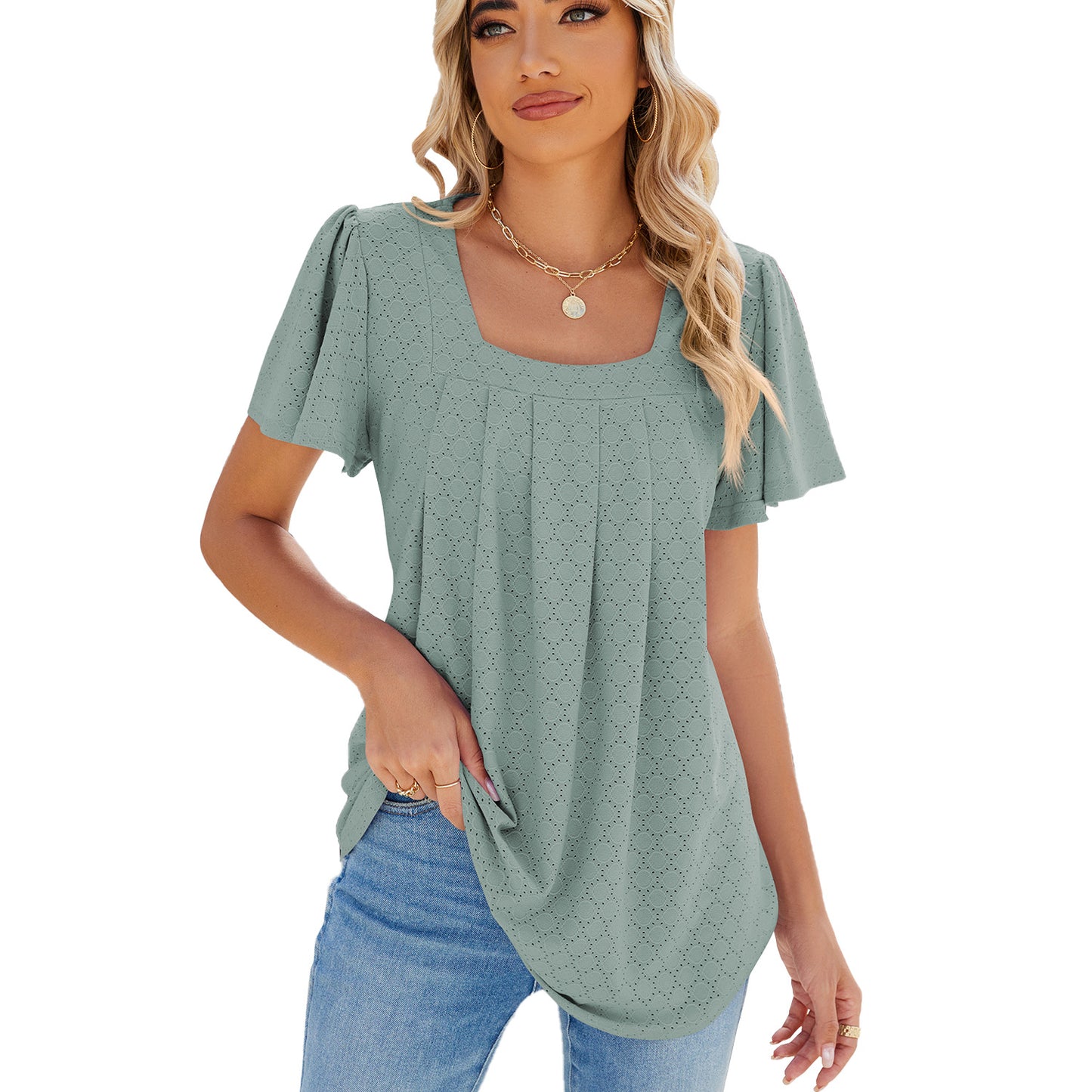 Square Collar Pleated Short Sleeve Loose Fitting Top