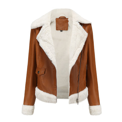 Fleece Leather European Warm Turn down Collar Coat Jacket