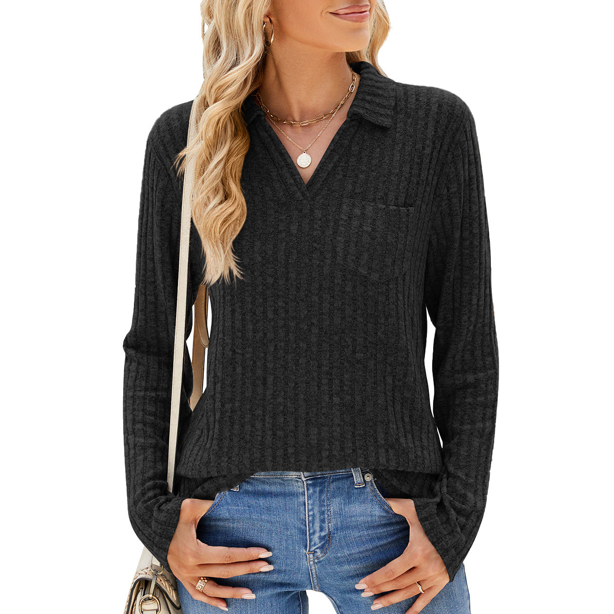 Polo Collar Pocket Long Sleeve Loose Fitting Shirt