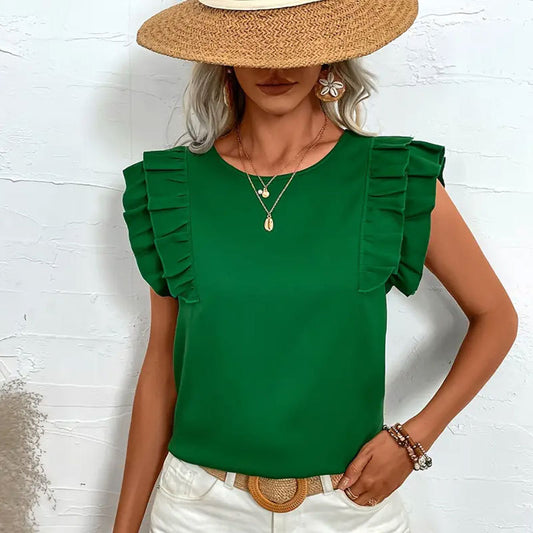 Solid Color Round Neck Ruffled Sleeveless Flying Sleeves Top