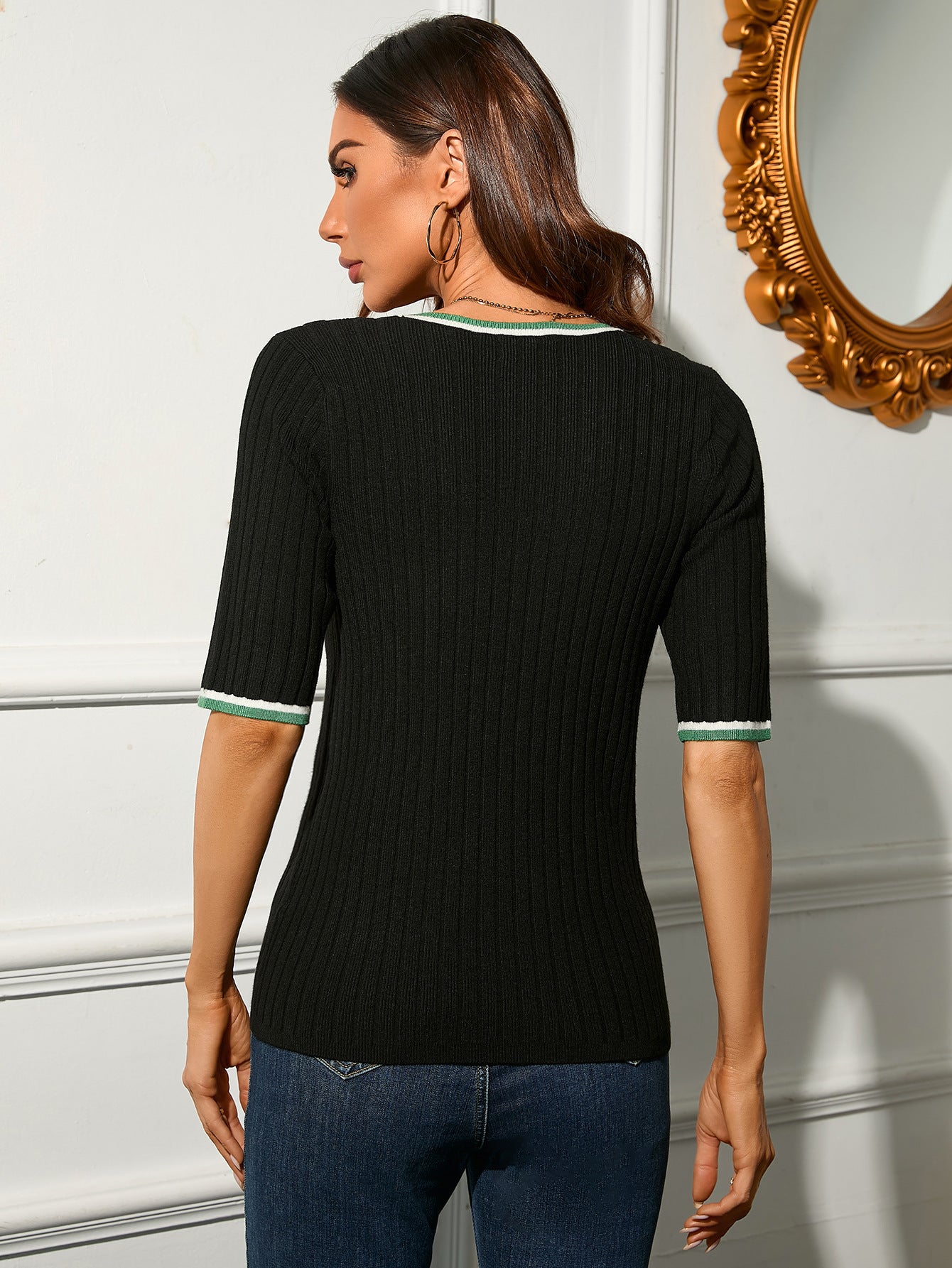 Knitwear Slim U-Neck Short Sleeves Striped Sweater