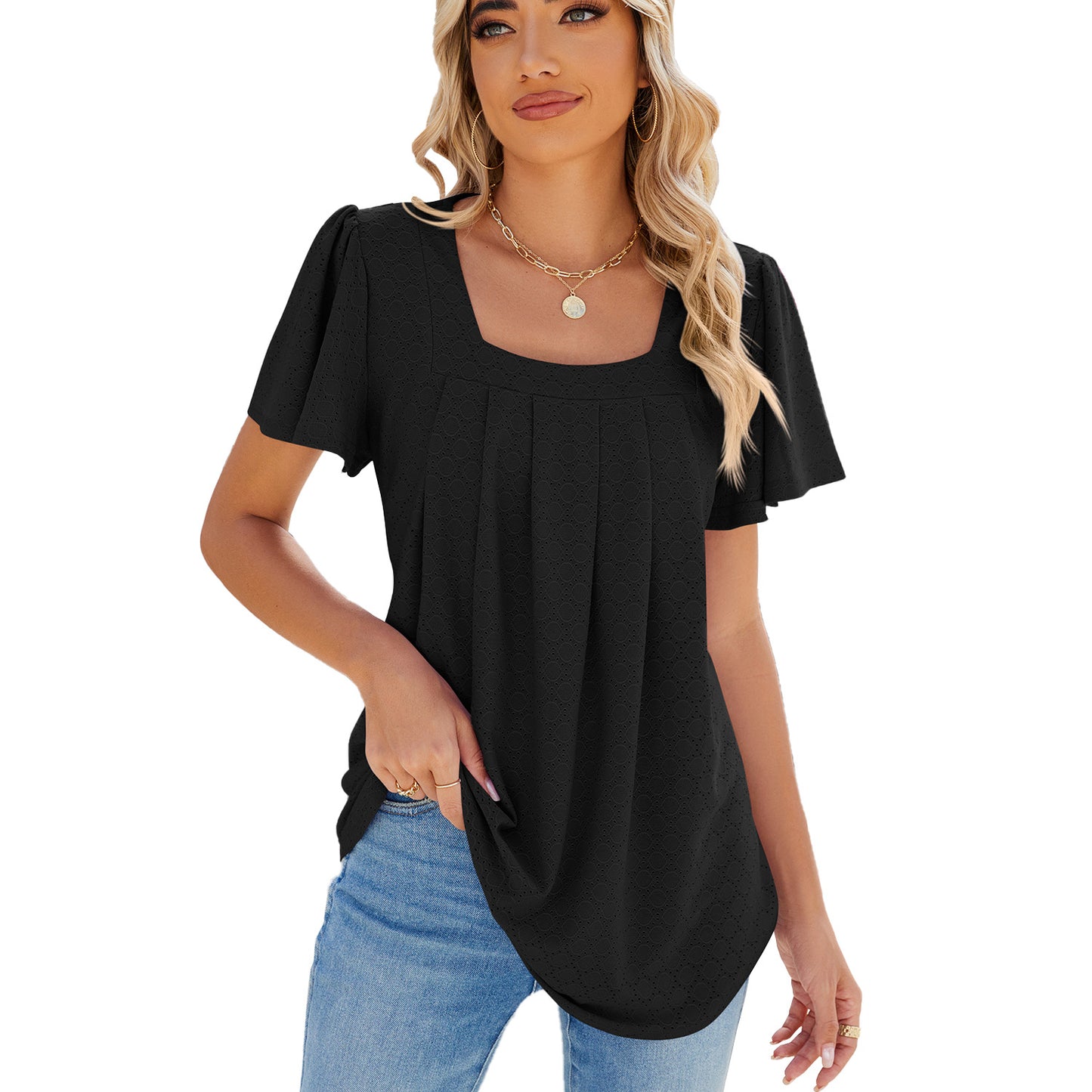 Square Collar Pleated Short Sleeve Loose Fitting Top